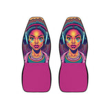 Set of Polyester Car Seat Covers-Groovy Rhythms-Psychedelic Black Woman Design with Headphones and Vibrant Colors