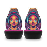 Set of Polyester Car Seat Covers-Groovy Rhythms-Psychedelic Black Woman Design with Headphones and Vibrant Colors